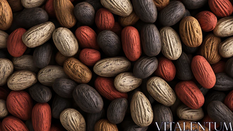 Dense macro array of multicolored textured nuts under soft lighting