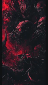 Clustered horned skull figures in dark red environment.