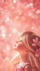 Blonde doll portrait in luminous pink bokeh blossom field.