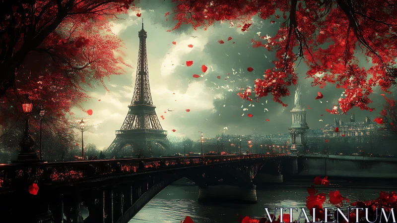 Midnight Paris dream under crimson falling petals haze.