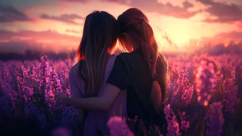 Two friends embracing in a lavender field at sunset, dreamy style.