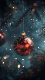 Specular red ornament under shallow-depth bokeh illumination.