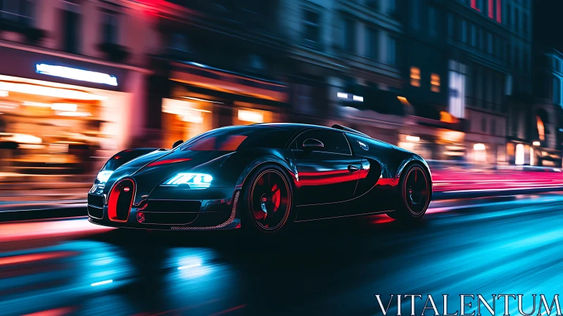 Black supercar races through neon lit city street at night.