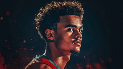 Focused young athlete gazes ahead in dramatic lighting.