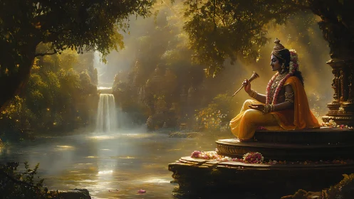 Seated figure by river observes distant waterfall in forest