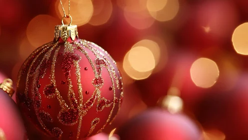 Red glass bauble with glitter scrolls amid warm bokeh glow.