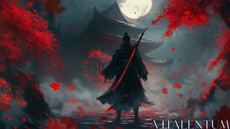 Lone samurai before moonlit temple in crimson storm.