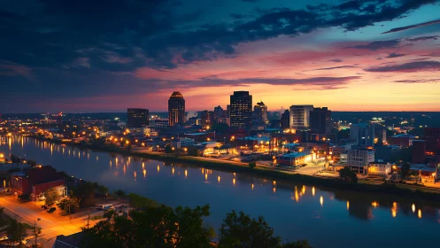 Riverside city skyline glows beneath a vivid twilight sky