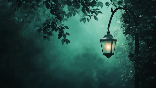 Lamp post glows softly amid dense green evening foliage.