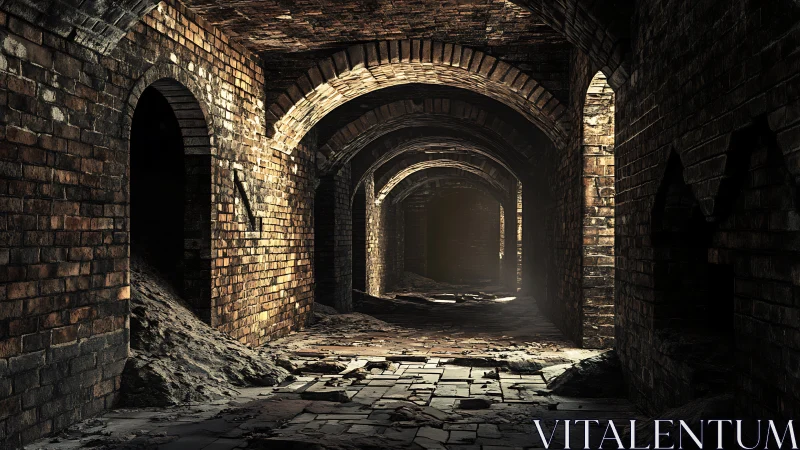 Brick vaulted underground corridor with debris and light shafts.