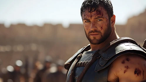 Battle-scarred gladiator stands in sunlit arena close-up.