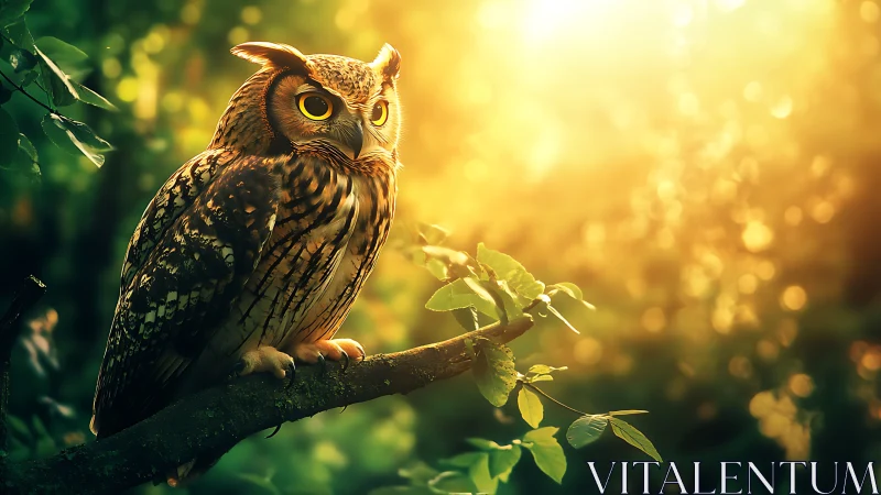 Majestic owl on branch in glowing forest, nature photography style.