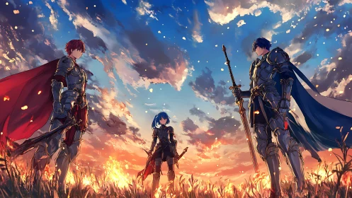 Armored trio confronts at sunrise under expansive cloudscape