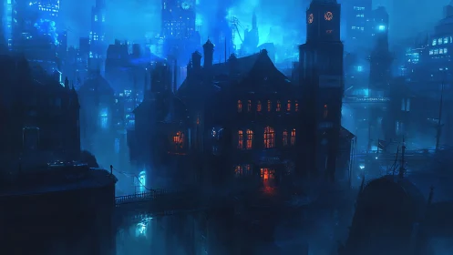Neon fog over gothic clocktower in dystopian blue cityscape.
