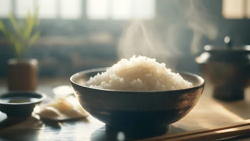 Steaming white rice in rustic bowl on wooden table surface.