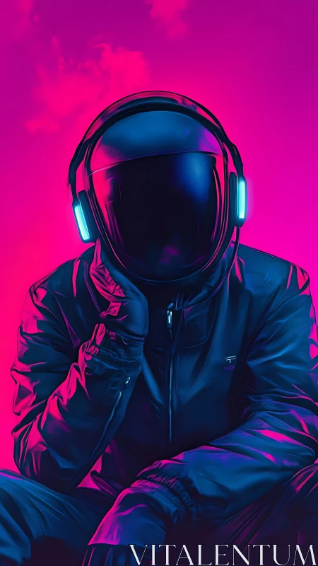 Neon astronaut figure in dark suit on pink background.