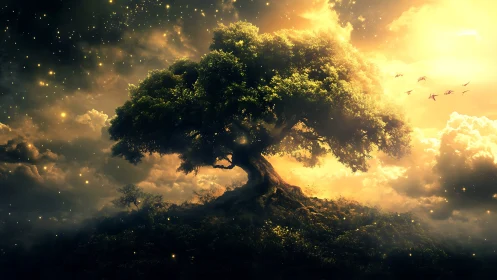 Star-kissed world tree drinks light from a molten sky