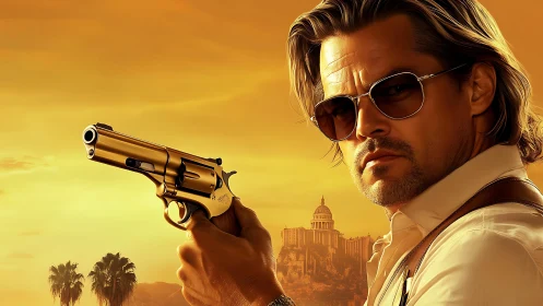 Sunglassed gunman aiming gold revolver at sunset skyline