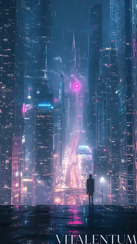 Neon soaked future skyline welcomes a lone city dreamer