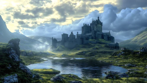Mist-shrouded stone castle above tranquil reflective lake.
