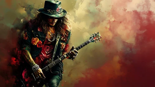 Rock guitarist ignites stage within swirling abstract smoke.