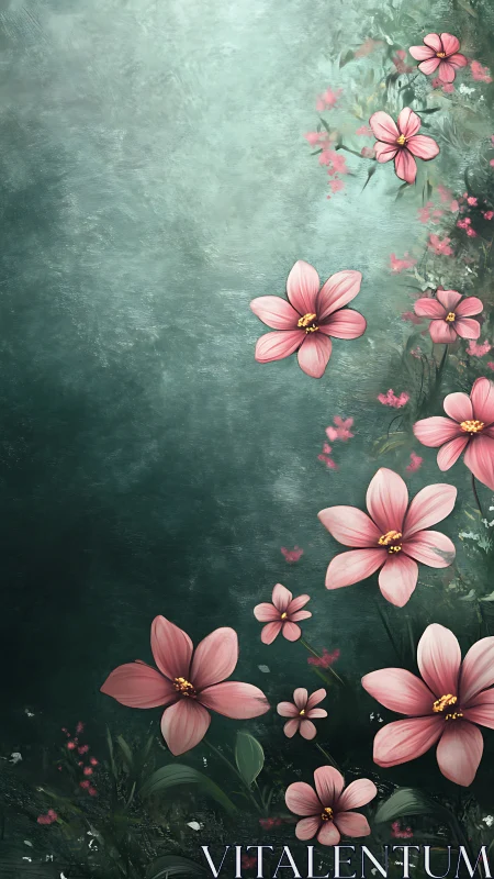 Pink flowers on textured green background composition.