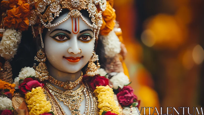 Radiant deity adorned with flowers and golden festival grace.
