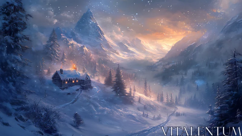 Snow-covered mountain valley shows cabin with illuminated windows