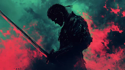 Digital painting of neon-lit samurai silhouette in combat stance.