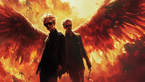 Twin seraphic enforcers with incendiary wings in flare-lit sky.