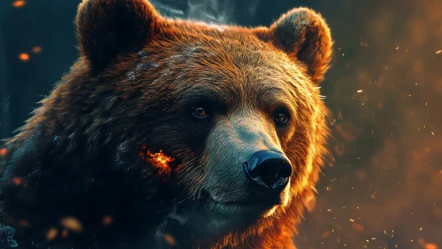 Cinematic close-up of ember-lit bear rendered with high-detail fur shading
