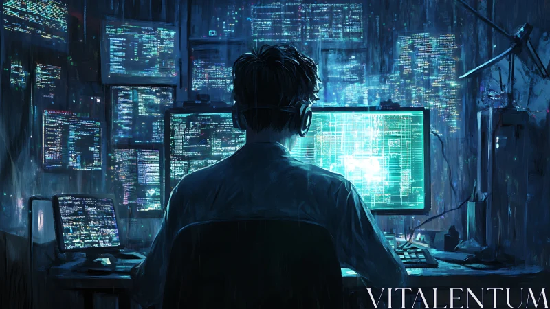 Solitary cybersecurity analyst at neon-lit multi-monitor rig