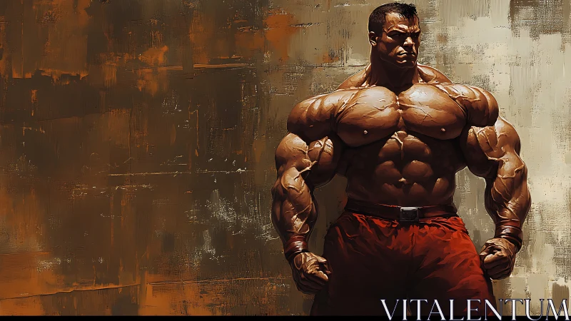 Monolithic titan of muscle broods against rusted canvas wall.