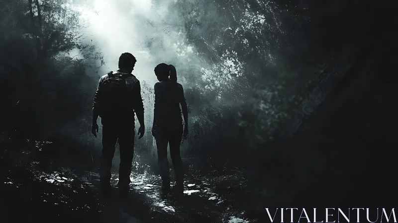 Silhouetted pair walking through dark misty forest path.