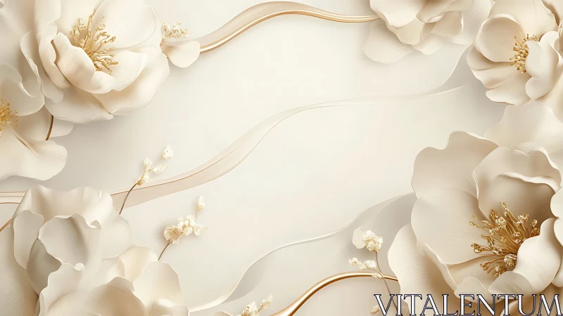 Cream Flowers with Gold Stamens on Beige Background.