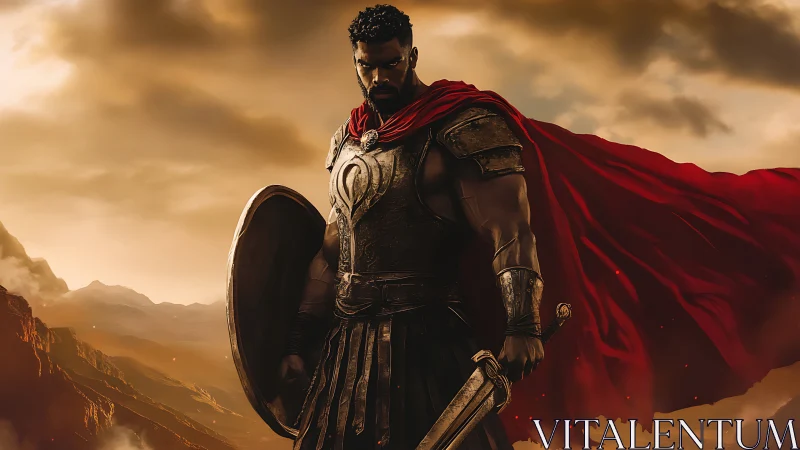 Armored warrior stands with shield and sword on rocky ridge