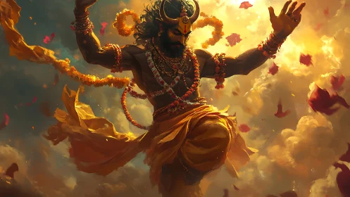 Dynamic mythic figure is rendered mid-motion in dense clouds