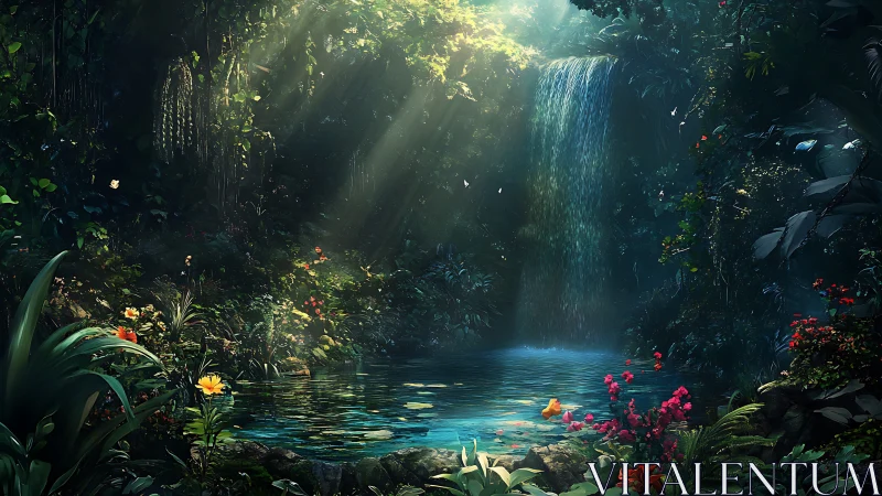 Luminous jungle waterfall pond whispering in emerald hush.