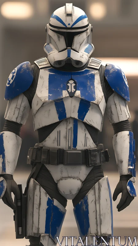 Clone trooper armor with blue markings in frontal view.