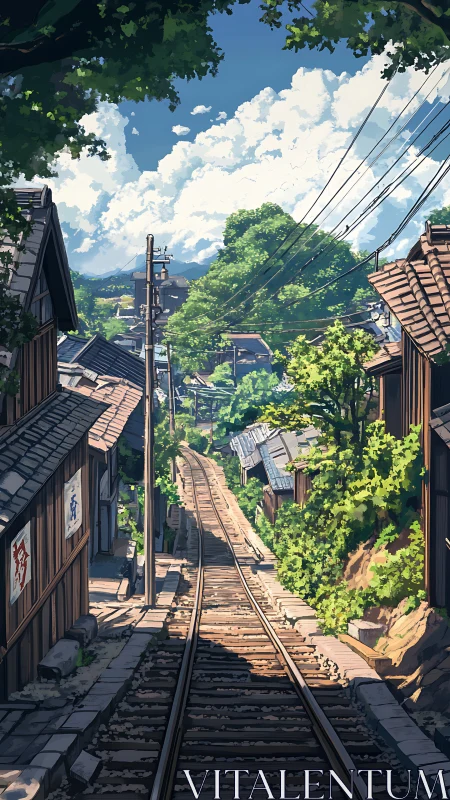 Sunlit hillside rail track cuts through quiet village street.