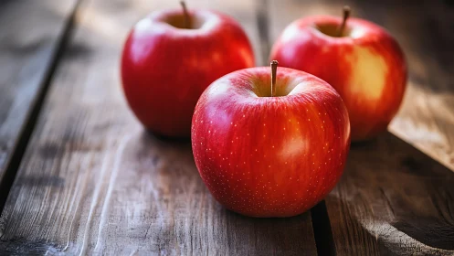 Three red apples rest on a rustic wooden table surface