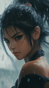 Focused warrior portrait in rainy cinematic lighting.