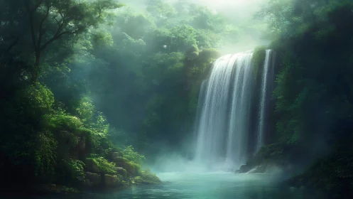 Misty waterfall cascading through dense forest canopy