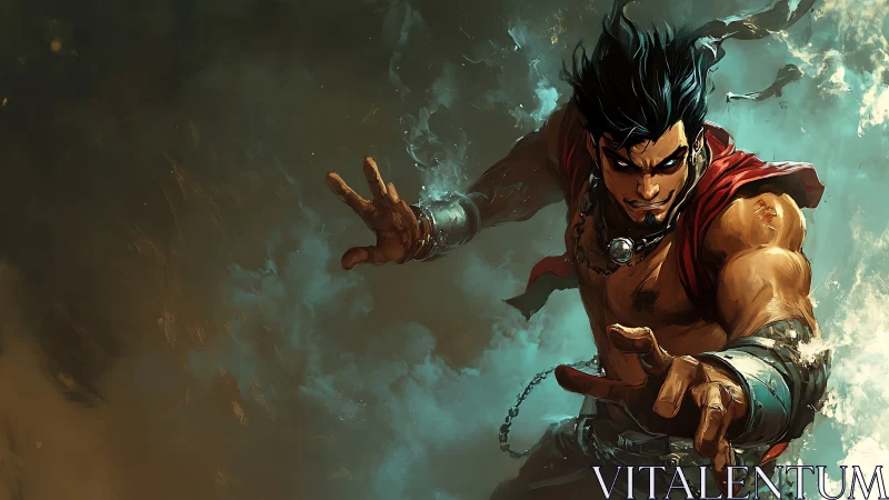 Dynamic male figure extends hands within turbulent clouds