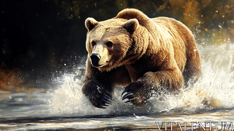 Powerful brown bear surges through river in golden light.