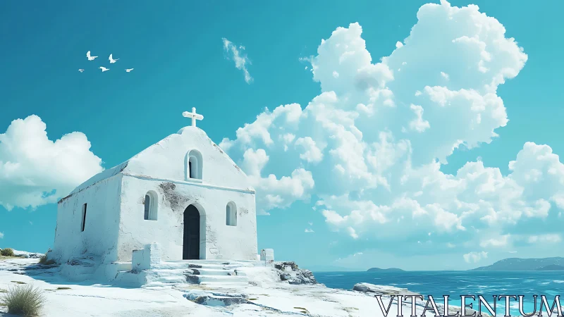 White seaside chapel on rocky coastal terrain under bright sky.