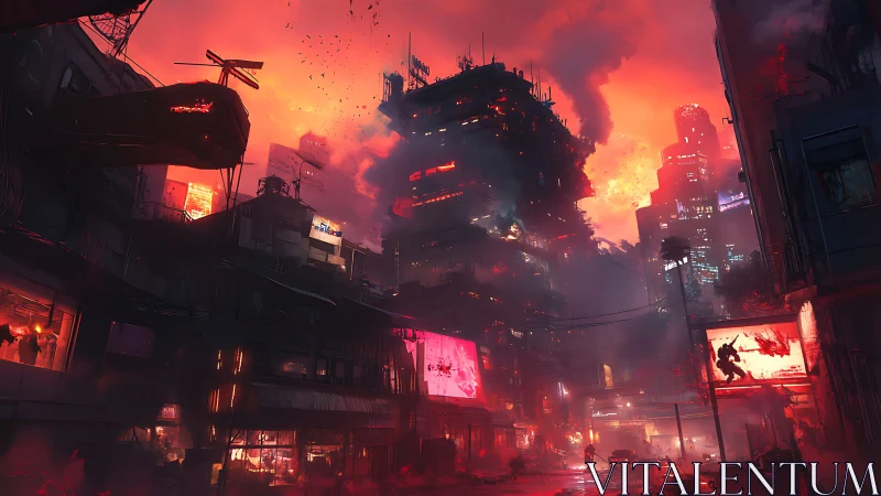 Burning cyberpunk cityscape under intense red sky.