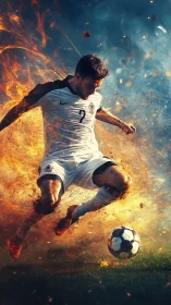 Kinetic soccer striker enveloped in volumetric flame dynamics.
