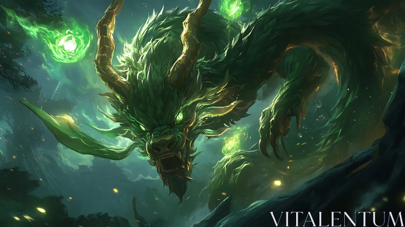 Emerald spectral dragon lunging through stormlit forest gorge