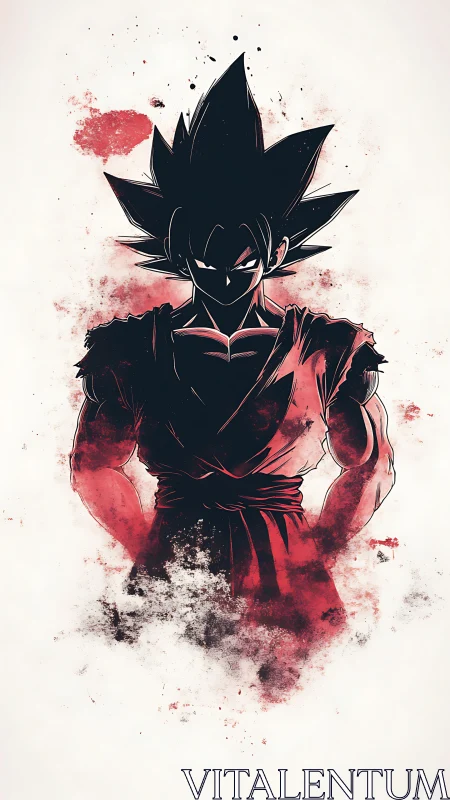 Silhouetted spiky haired warrior in red ink splash art.